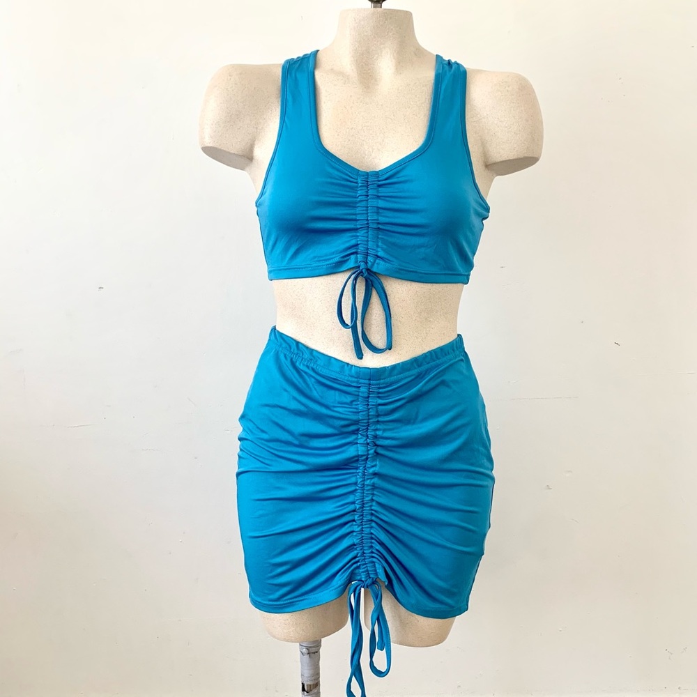 Ruched Teal Top Mini Skirt Co-Ord Set